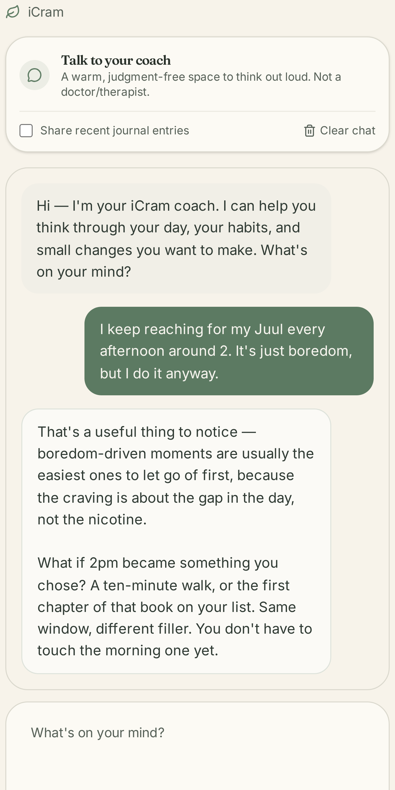 iCram AI coach chat talking through an afternoon vaping habit.