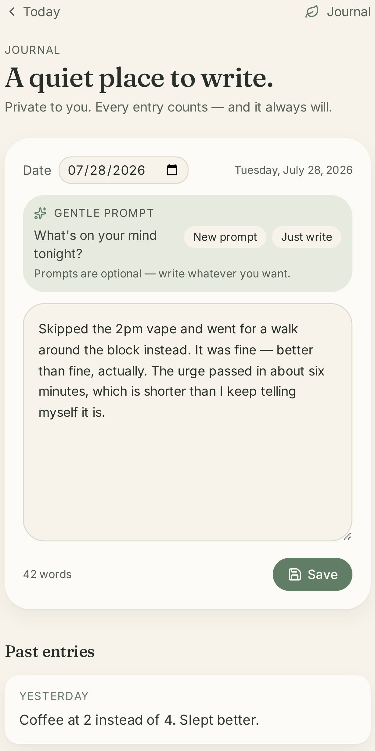 iCram journal screen with a gentle prompt, a written entry and past entries below.