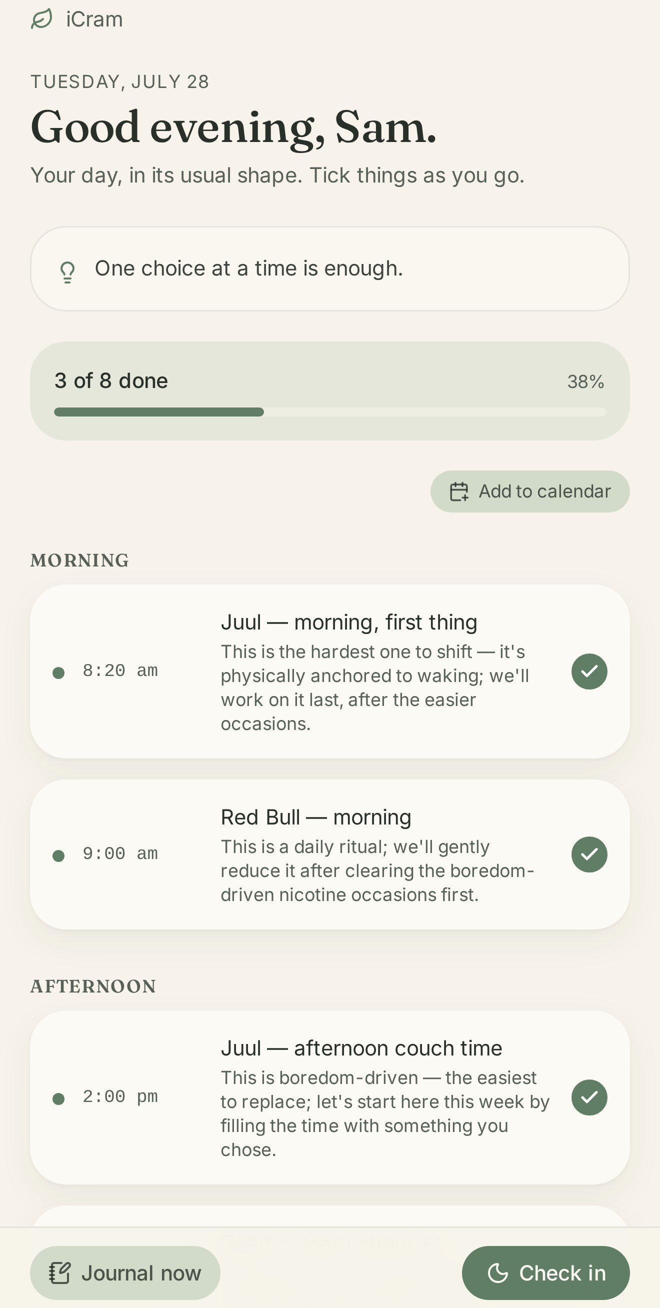 iCram daily plan showing a gentle morning-to-evening schedule with tickable blocks.